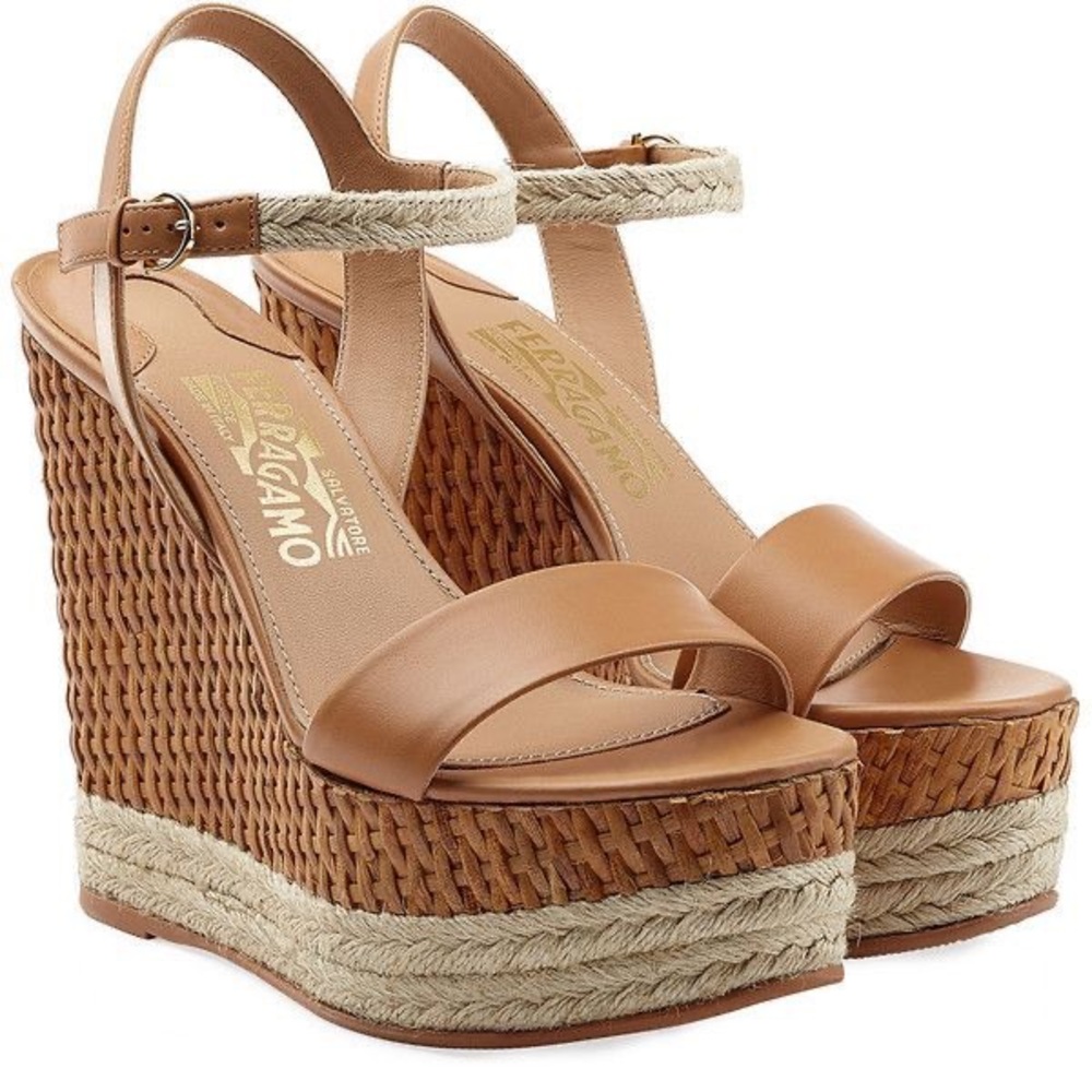 Salvatore Ferragamo Tan Wedge Sandals with Ankle Strap